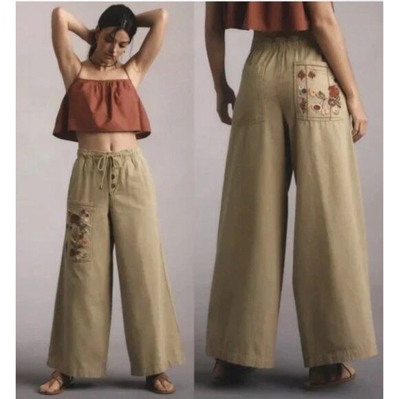 ANTHROPOLOGIE x PILCRO Floral Embroidery Pants Wide Leg Lt. Green Sz L-XL - Picture 1 of 12